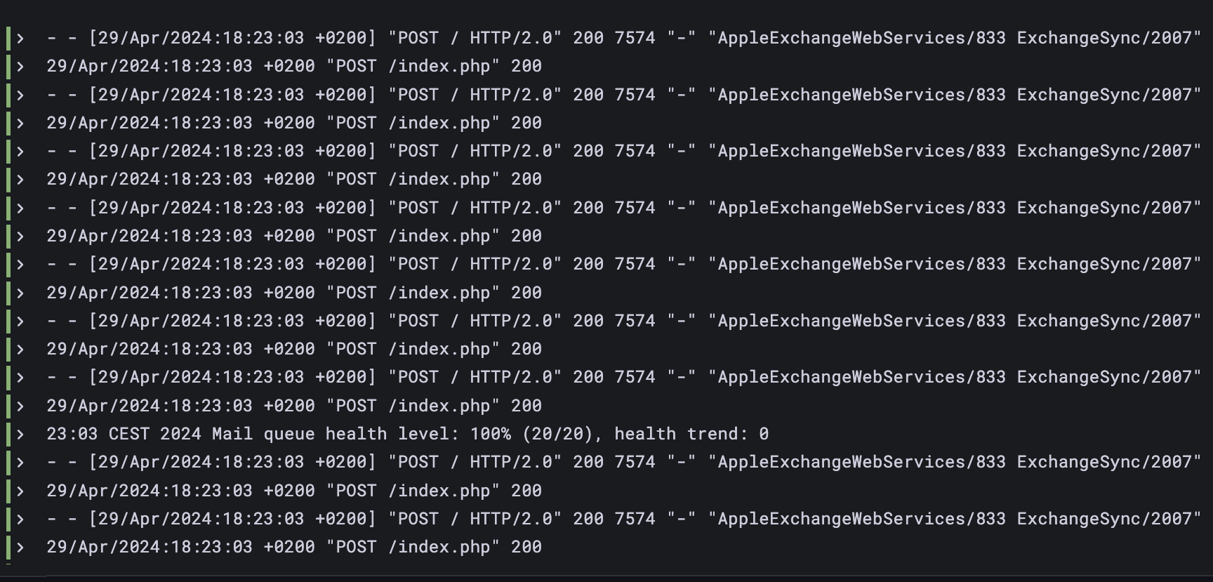 Capture d’écran du graphique de logs. Les logs montrent des informations le détail de requêtes HTTP reçues par un
serveur mail.